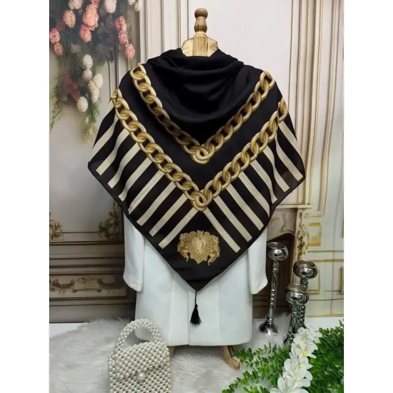 روسری مجلسی ساتن ابریشم طرح طلا قواره 140 توییل