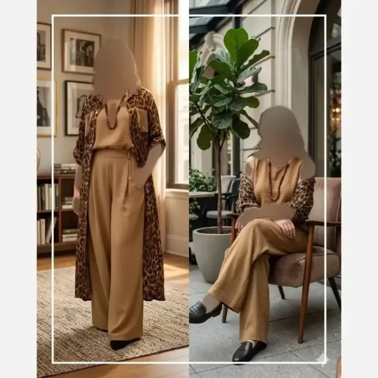 ست سه تیکه مانتو تاپ و شلوار طرح پلنگی فری سایز الیزه و صوفیا