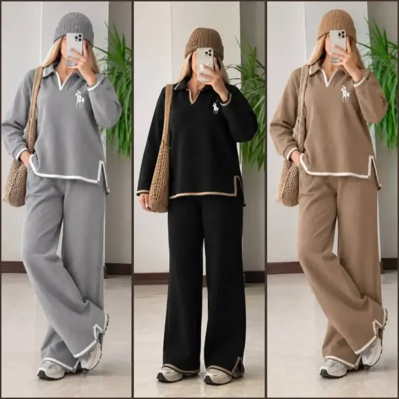ست بافت بلوز شلوار یقه دار پلو درجه یک فری سایز