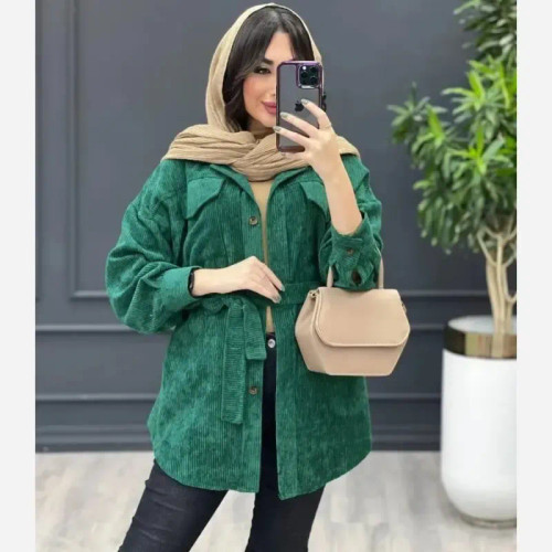 خرید مانتو کبریتی زنانه کوتاه جیب دار با کمربند رنگ سبز سفید طوسی